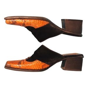 Sergio Rossi Black and Orange Animal Print Calf Hair Mules